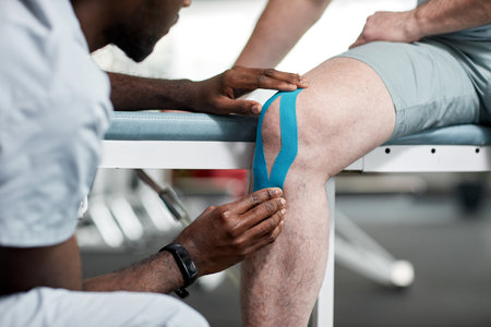 Close up of rehabilitation therapist using kinesio taping at knee of senior patient, copy space