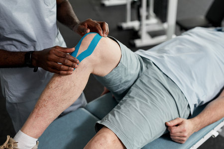 Close up of therapist putting taping at knee of senior patient in rehabilitation clinic, copy space