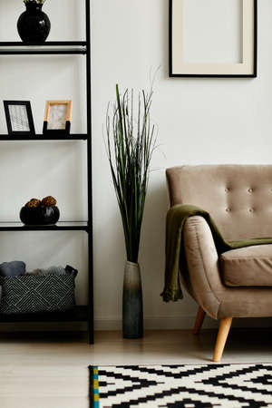 Graphic background image of minimal living room interior with metal open shelves