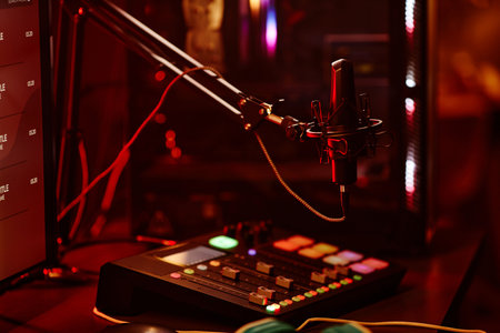 Horizontal no people shot of microphone and small mixing console on table at night, home radio or...