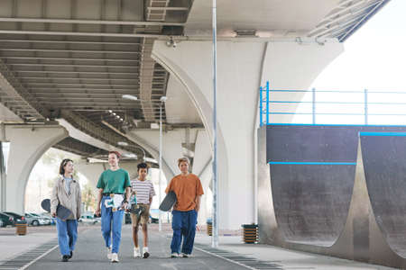 Wide angle shot of diverse group of teenagers in skatepark outdoors at urban area wearing sporty...