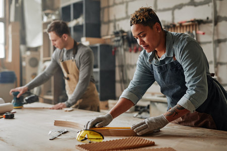 Warm toned portrait of artisan carpenters sanding wood and building handmade furniture pieces in workshop, copy spaceの写真素材