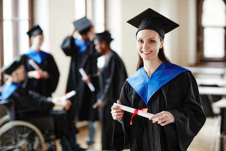 Waist up portrait of young woman wearing graduation gown and smiling at camera in university ceremonyの写真素材