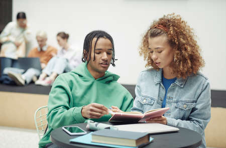 Teenage guy and his girlfriend discussing lecture notes in copybook before lesson or seminar while sitting by table against their classmatesの写真素材
