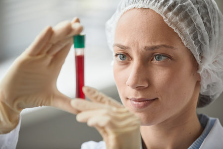 Close up portrait of female lab technician inspecting test tube with red liquidの写真素材