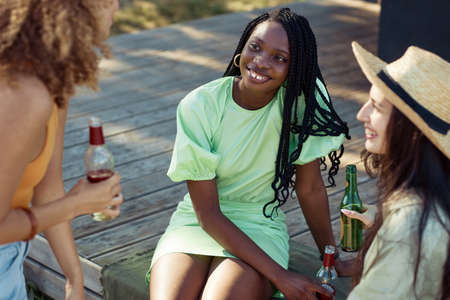 Portrait of smiling black girl enjoying beer with friends at outdoor Summer partyの写真素材
