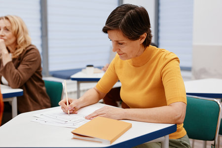Mature woman with short hair making notes while sitting at desk during lecture in class