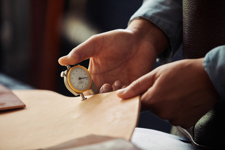 Close up of male hands holding leather piece and inspecting thickness in workshop, copy spaceの写真素材