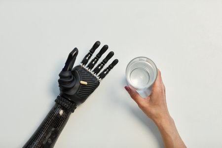 High angle view of young woman with prosthetic arm holding glass of water and drinking pillの写真素材