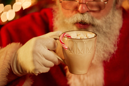 Close up of traditional Santa Claus enjoying cup of hot chocolate with marshmallows and Christmas sugar cane, copy spaceの写真素材