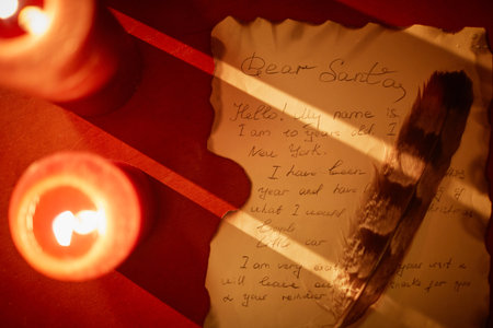 Background image of parchment letter to Santa with quill and candles setup, copy spaceの写真素材