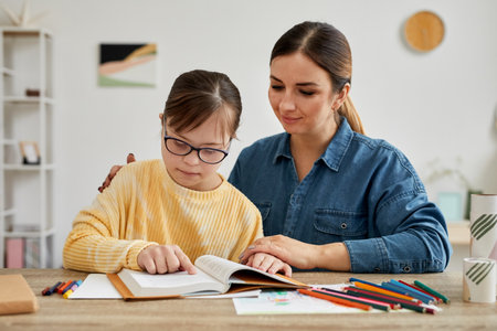 Portrait of mother and daughter with Down syndrome reading book together during adapted homeschooling lessonの写真素材