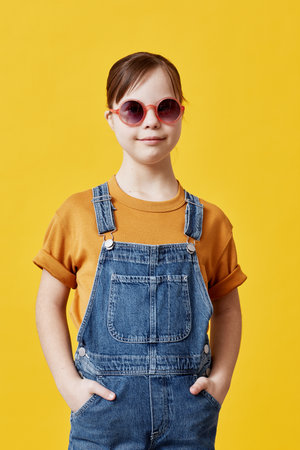 Vertical portrait of cute girl with Down syndrome looking at camera against yellow background and...