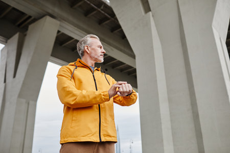 Low angle portrait of handsome mature man checking fitness watch at outdoor run in urban setting, copy spaceの写真素材