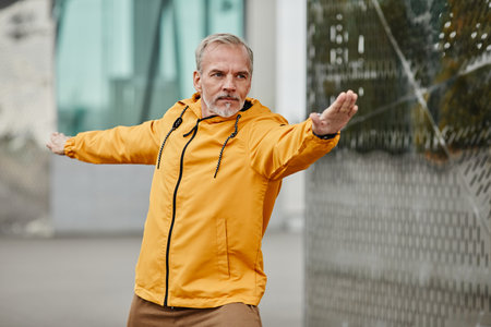 Waist up portrait of handsome mature man doing exercises outdoors in urban city, wearing yellow...