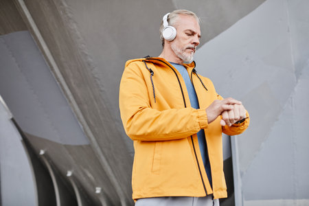 Waist up portrait of handsome senior man wearing headphones outdoors against concrete background in urban setting, copy spaceの写真素材
