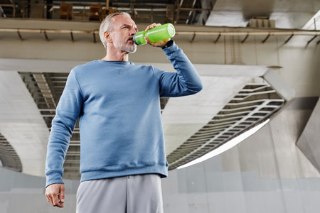 Low angle portrait of handsome senior man drinking water during outdoor workout in urban setting...