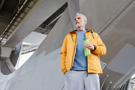 Graphic low angle portrait of handsome senior man holding water bottle against concrete background...