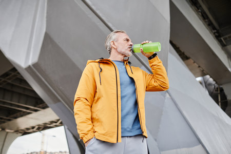 Side view portrait of handsome senior man drinking water outdoors against concrete background in...