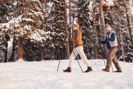Side view of active senior couple enjoying Nordic walk with poles in winter forest, copy spaceの写真素材