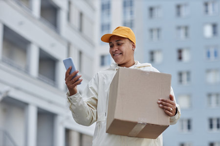 Waist up portrait of multiethnic young woman delivering packages in city and using smartphoneの写真素材