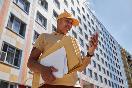 Low angle portrait of young woman delivering packages in city and using smartphone