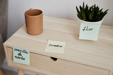 Close-up of wooden nightstand with cup of coffee and green domestic plant in flowerpot and notepaper...