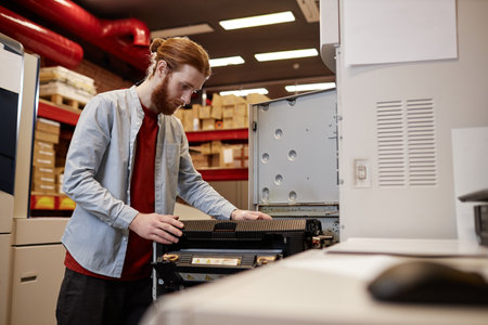 Side view portrait of red haired young man operating printing machine at industrial print shopの写真素材