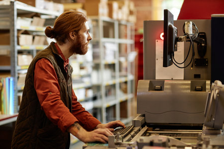 Side view portrait of male worker operating printing machine at print factoryの写真素材
