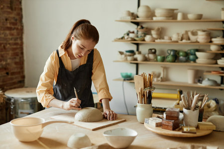 Warm toned portrait of young female artist shaping handmade ceramic bowl in pottery studio, copy...