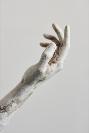 Minimal close up of male hand covered in white paint, human art formの写真素材