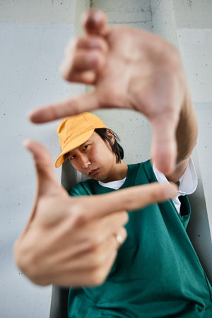 Vertical portrait of young Asian man wearing colorful street style clothes and framing cameraの写真素材