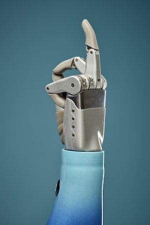 Prosthetic arm showing middle finger, isolated on blue background