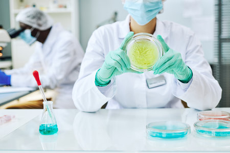 Cropped shot of female scientist holding petri dish doing experiments with colored liquid, copy...