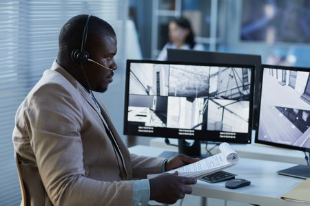 Side view portrait of black man wearing headset while watching surveillance feed on screen in security and monitoring officeの写真素材