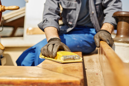 Close up of worker polishing wood on yacht lit by sunlight, copy spaceの写真素材