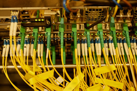 Background image of neat cable arrangement in server cabinet, copy space
