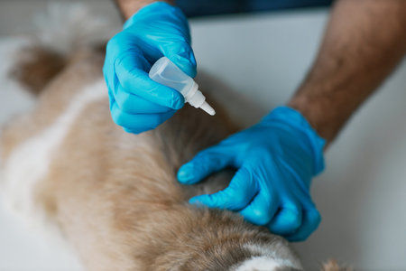 Close-up of gloved hands of young male veterinarian holding small plastic dropper over fluffy purebred dog during medical therapyの写真素材