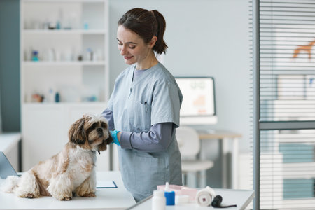 Young brunette female veterinarian in uniform examining cute fluffy dog by workplace in spacious...