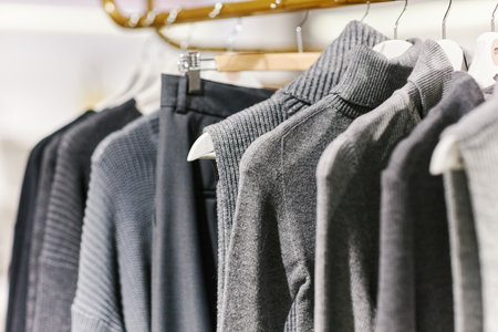 Background image of Autumn knitwear collection in grey tones on rack in clothing boutique, copy...