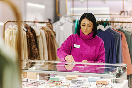 Waist up portrait of young woman wiping glass counter in luxury boutique while preparing shop for...
