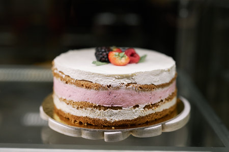 Delicious cake with pink and white frosting decorated with fresh berries in showcase of bakery