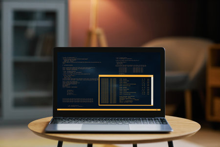 Background image of open laptop with code on screen in dim home interior