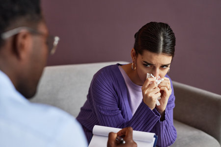Young woman crying and blowig her nose when talking to therapistの写真素材