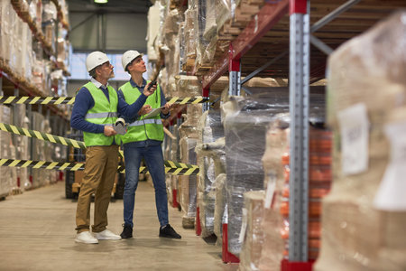 Full length portrait of two male workers looking at shelves in storage warehouse during stock review...
