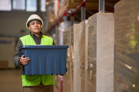 Waist up portrait of female worker carrying plastic box in indoor warehouse, copy spaceの写真素材