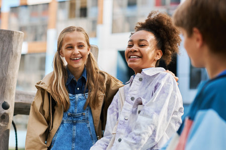 Cheerful cute secondary school learners of Caucasian and African American ethnicities in casualwear...