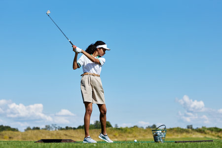 Side view portrait of sporty woman playing golf on green grass outdoors and swinging golf club, copy spaceの写真素材