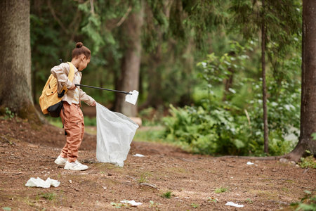 Side view portrait of eco activist little girl picking up plastic bottles in nature trail, copy spaceの写真素材