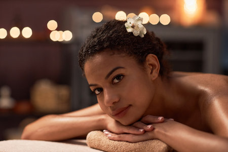 Young woman with flower in hair relaxing after getting spa massageの写真素材